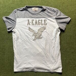 American Eagle Y2K Grunge Eagle Logo T Shirt Gray White Colorblock Classic Fit L